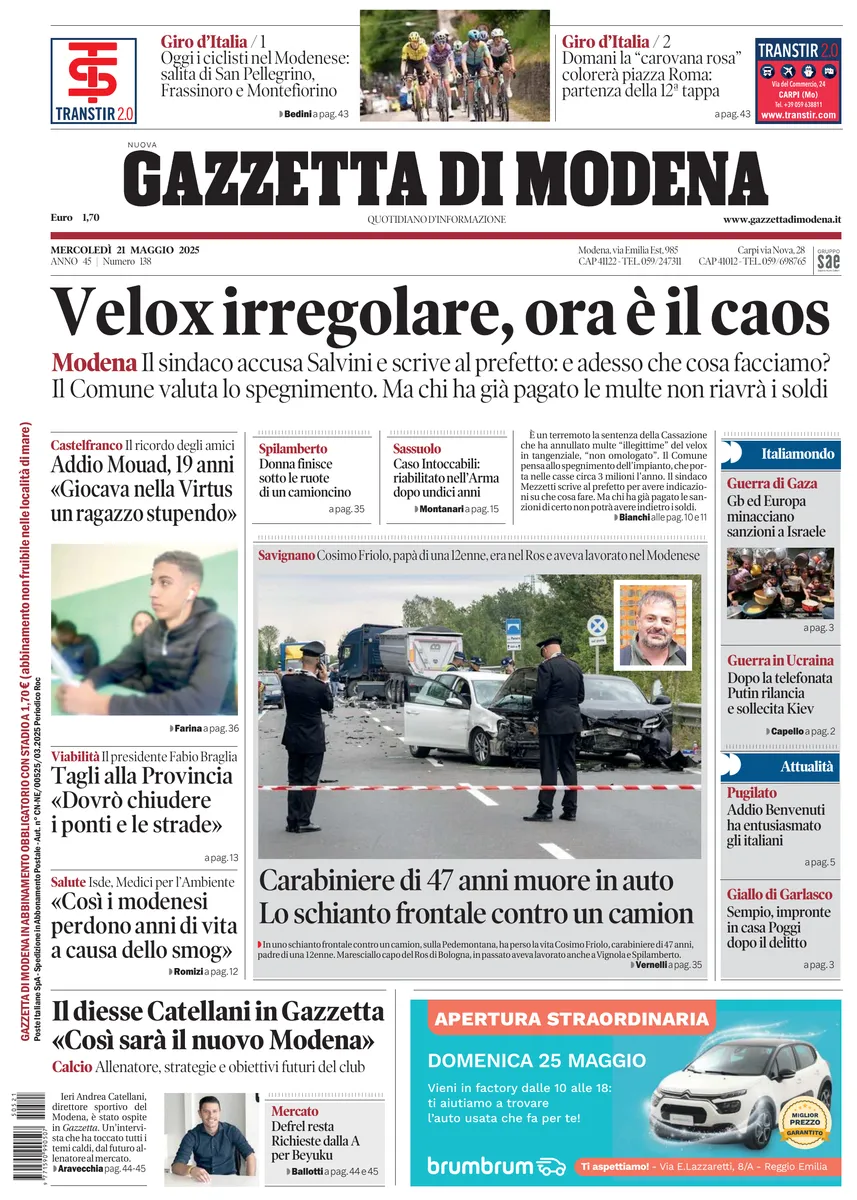 Prima-pagina-gazzetta di modena-oggi-edizione-del-2025-05-21